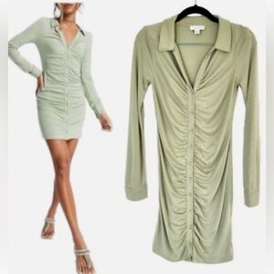 Topshop Ruched Button Sage Green Jersey Collar Bodycon Dress Women's Size 6 Gree